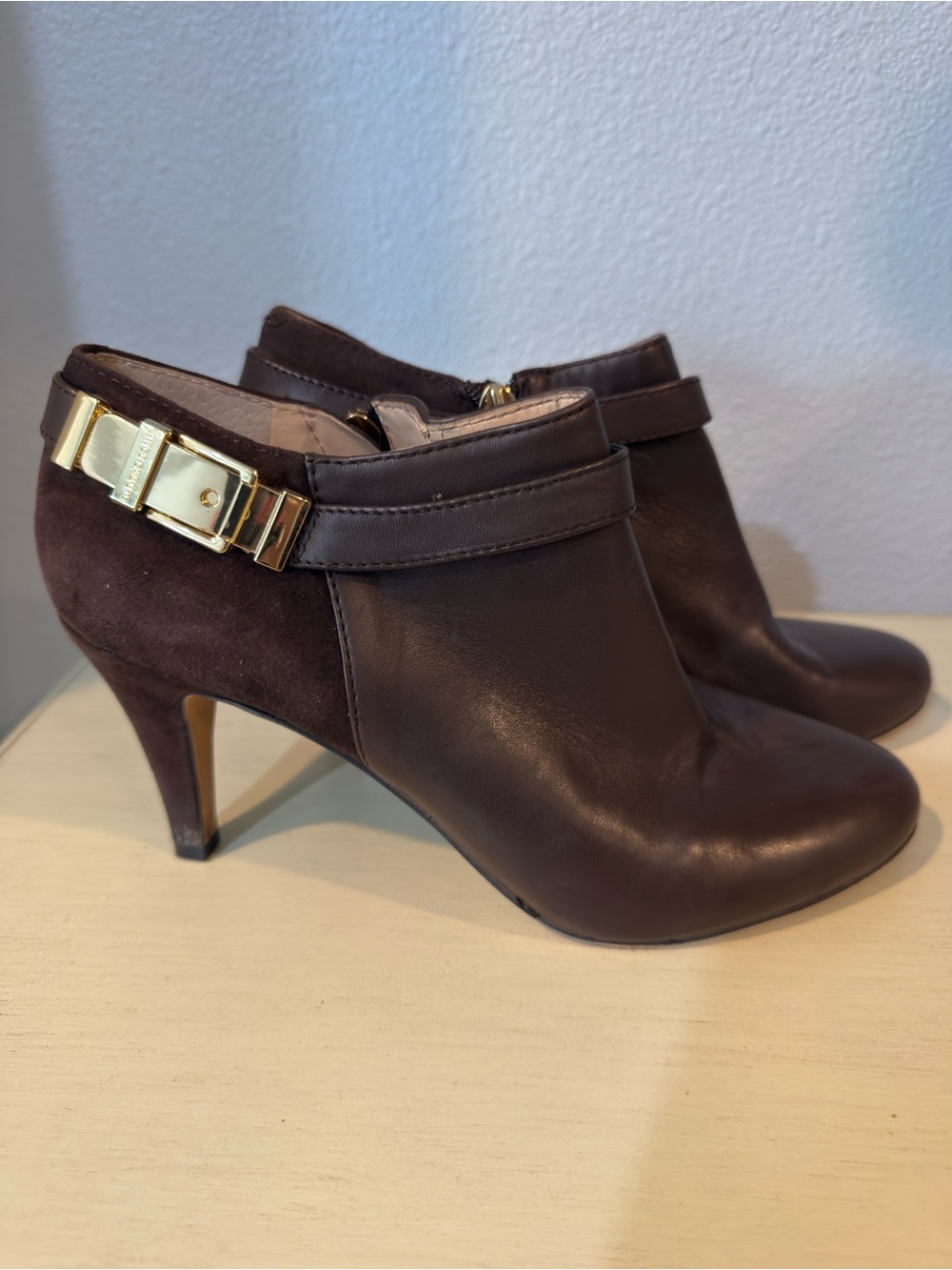 Vince Camuto Brown Leather and Suede Ankle Booties with Gold Buckle